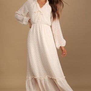 Lulu's Cream Swiss Dot Long Sleeve Maxi Dress